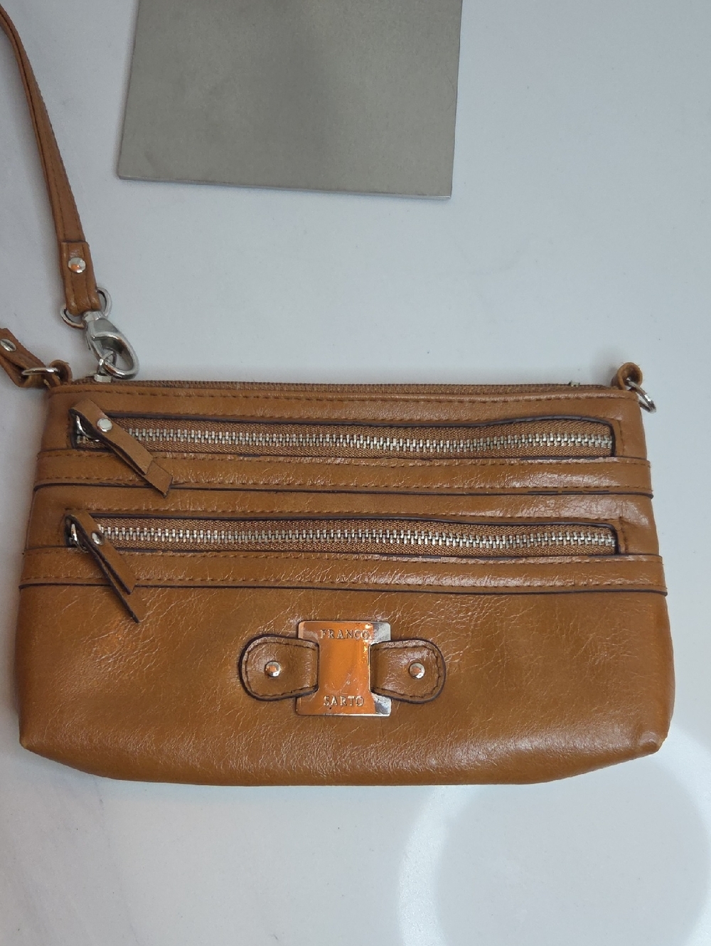 Franco Sarto Cognac Leather Wristlet with Double Zip